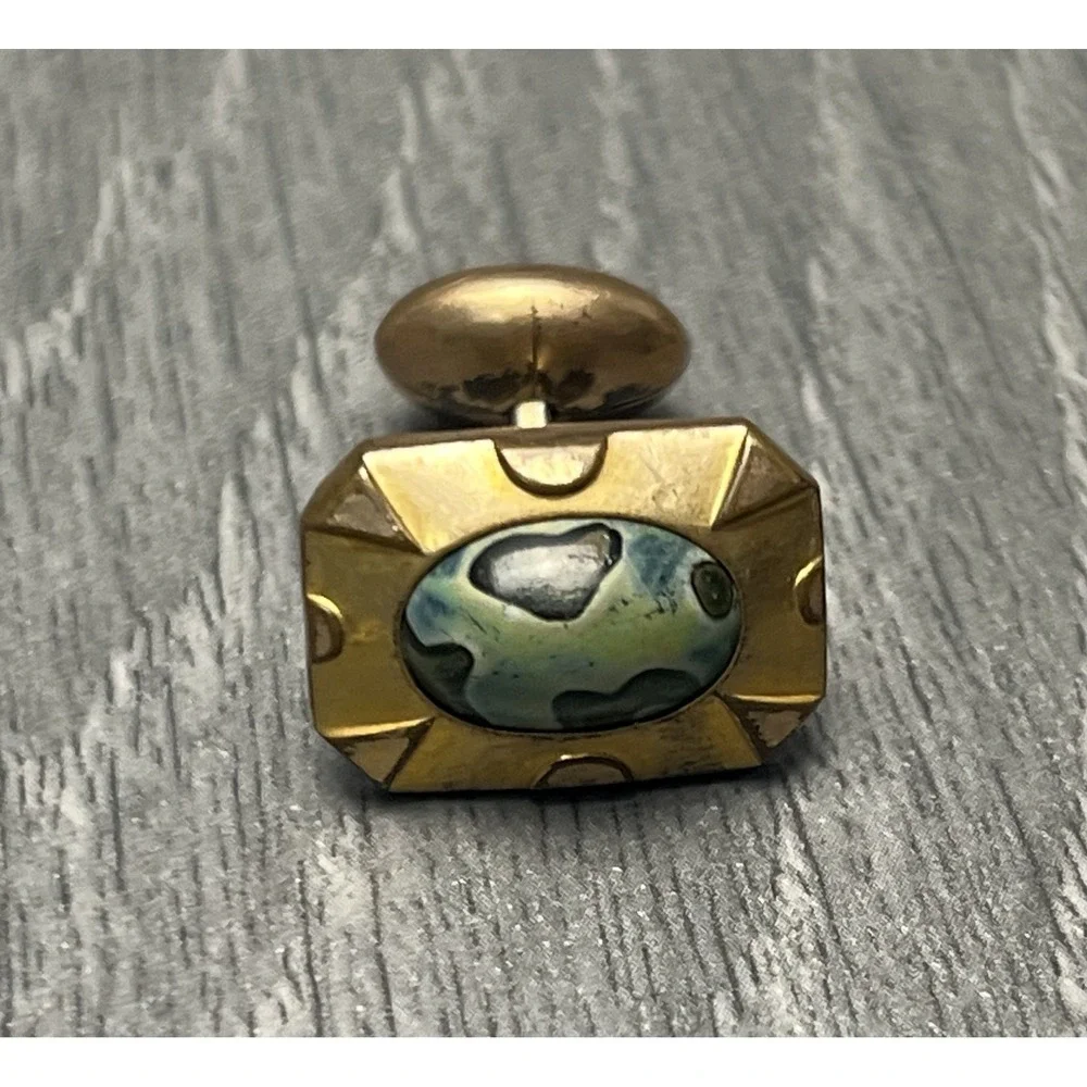 Antique HA & CO Gold Tone Green Stone Cufflinks Men's Vintage‎ Jewelry